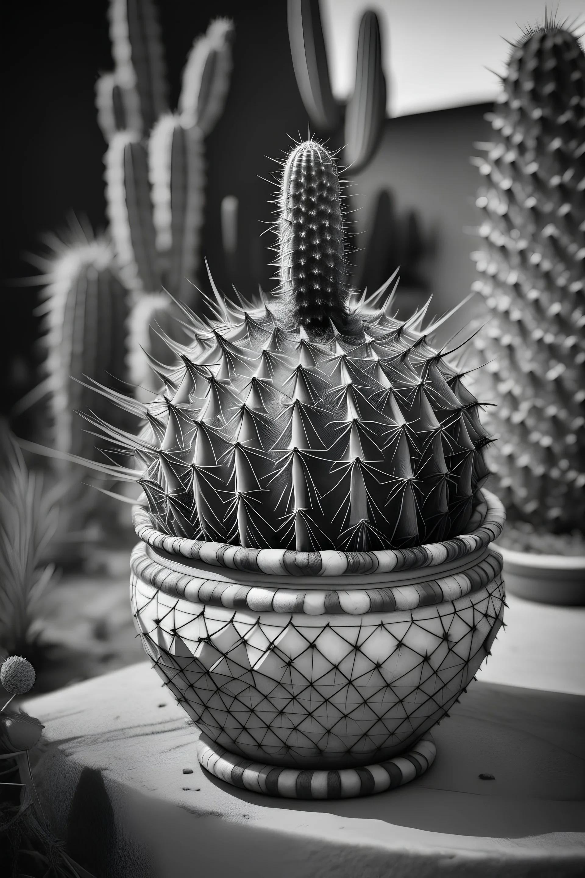 old photography black an white with a cactus head