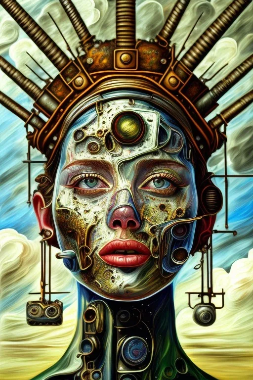 an abstract painting of clouds, by lucian freud and klimpt, rust, scaffolding, iron cladding, decay, mixed media, textured, anatomically correct, beautiful woman perfect face, green eyes, aviator sunglasses, sharp focus, highly detailed. desolate background. the royal tenenbaums