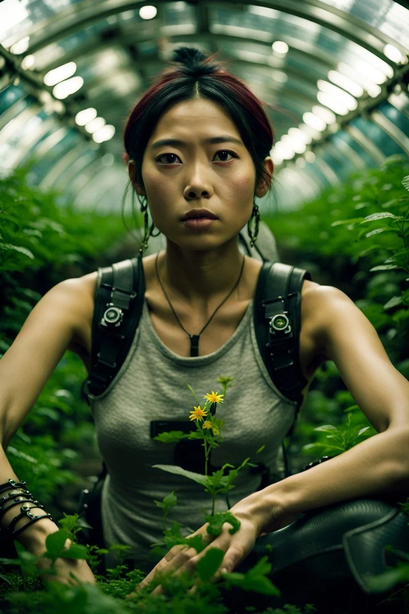 Unground solar punk tunnels, cinematic, dof background a, dystopian, sci-fi, award winning, Yui in a garden, National Geographic, breath taking, oxygen farm