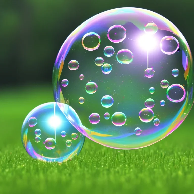 Soap bubbles on grass, happy people