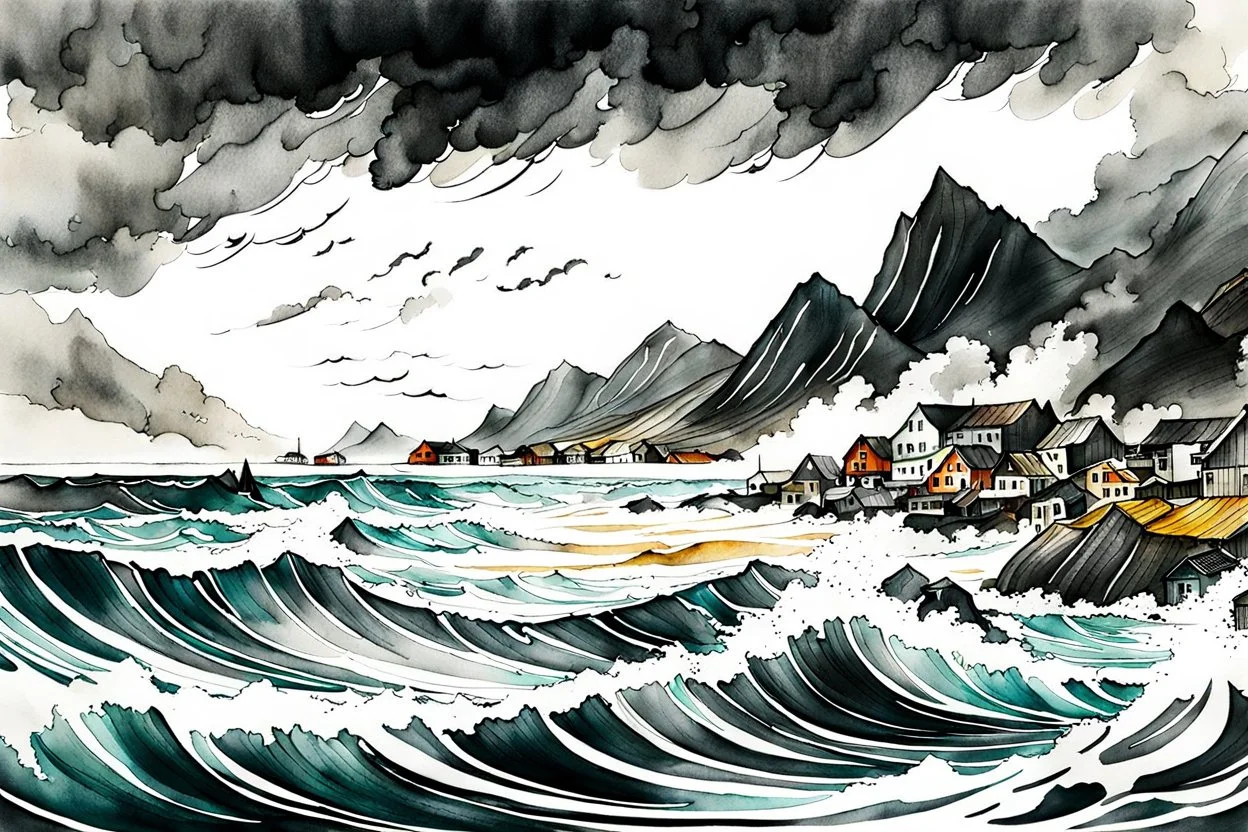 an abstract ink wash and watercolor illustration of a storm tossed, highly detailed coastal fishing village in the Lofoten Isalnds , with ominous thunderheads and pounding surf , finely drawn and inked, 4k, hyper detailed and vibrantly colored