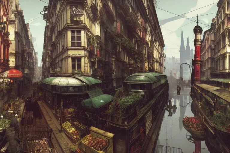 Corner highTrain run raid Train Canal River and corner shop greengrocer in colorful Italian street+Gothic city+BioShock+Dishonored+Bloodborne +trieste+Edinburgh+Chicago+victorian London+decòpunk Skyscraper+ +steampunk+biopunk+alphonse mucha, greg rutkowski,matte painting, cryengine, hyper detailed, felix kelly, fantasy art, seb mckinnon