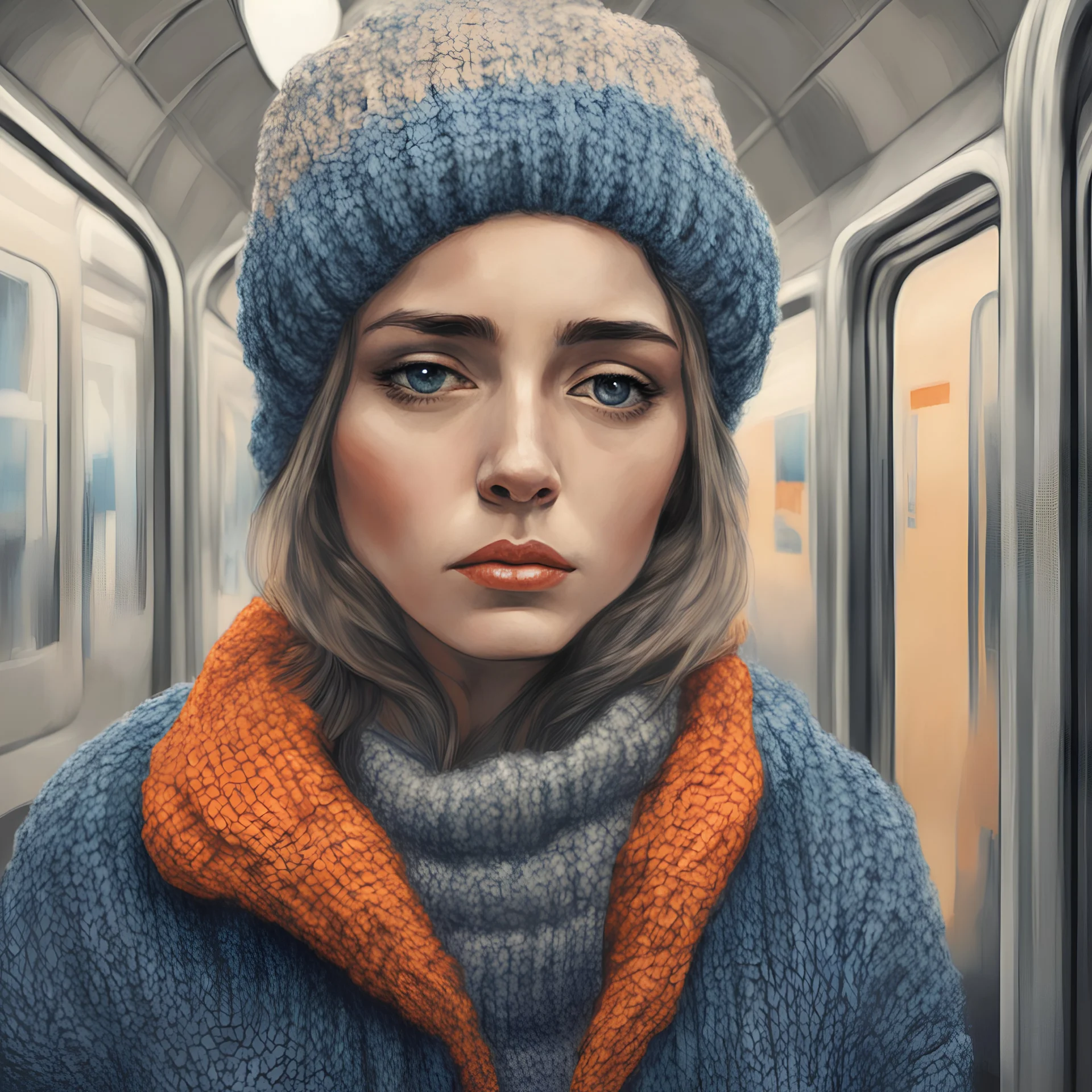 A woman , sad,in the metro in the style of edgarhopper, blue, Grey, beige,orange, with a knitted hat