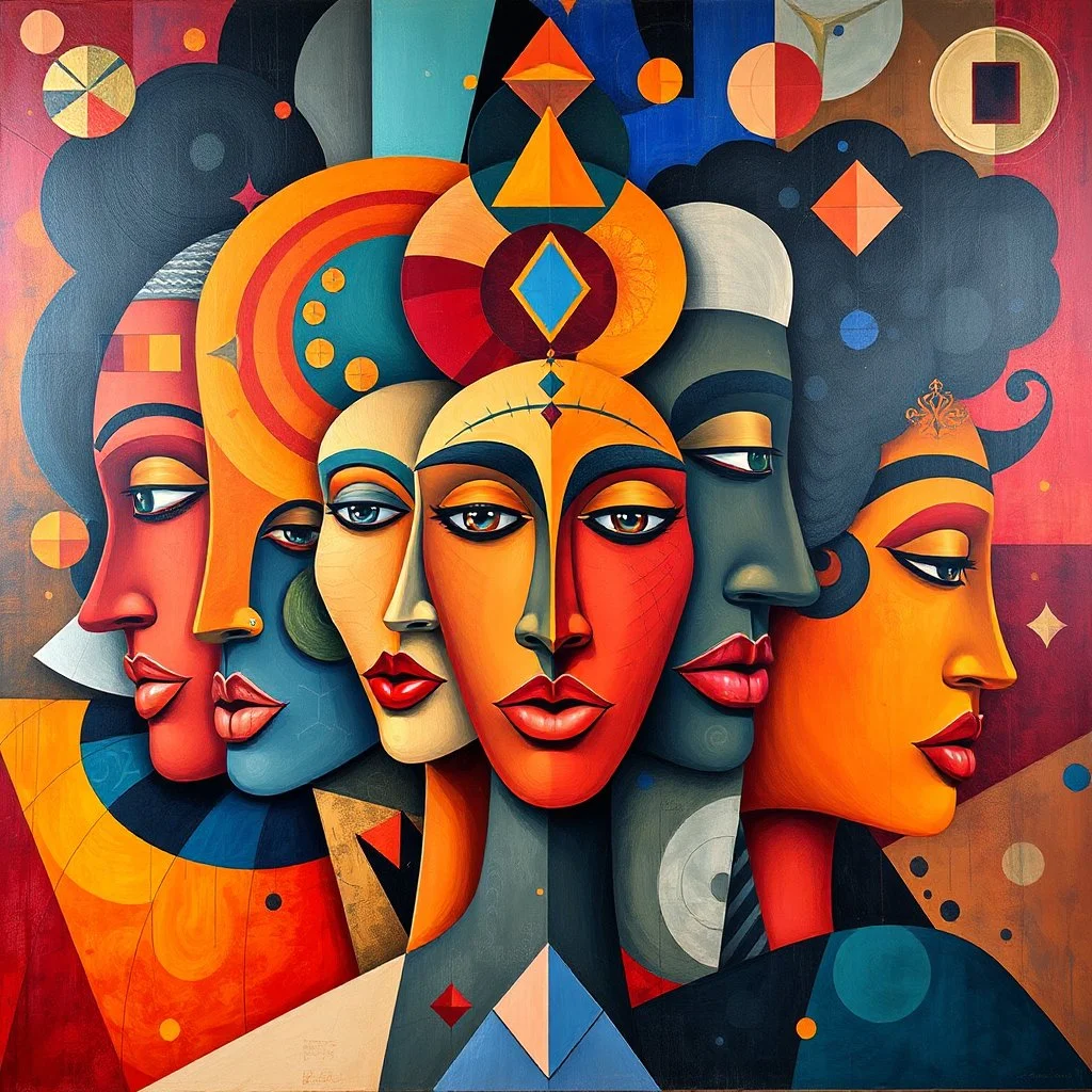 Large-scale oil painting, intricate stylized faces intermingling with geometric shapes, vibrant color palette, seamless canvas coverage, immersive gallery feel, no borders
