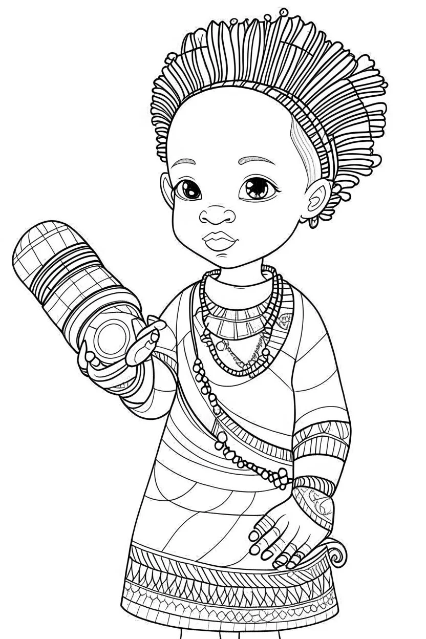 Outline art for coloring page OF AN AFRICAN GIRL WITH A TOY SLINKY IN 1950, coloring page, white background, Sketch style, only use outline, clean line art, white background, no shadows, no shading, no color, clear