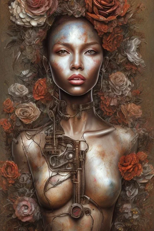 an abstract painting of rusted metal and flowers, heart filled with love African slave lady working so hard, rust, scaffolding, iron cladding, decay, mixed media, textured, anatomically correct, beautiful perfect face, sharp focus, highly detailed