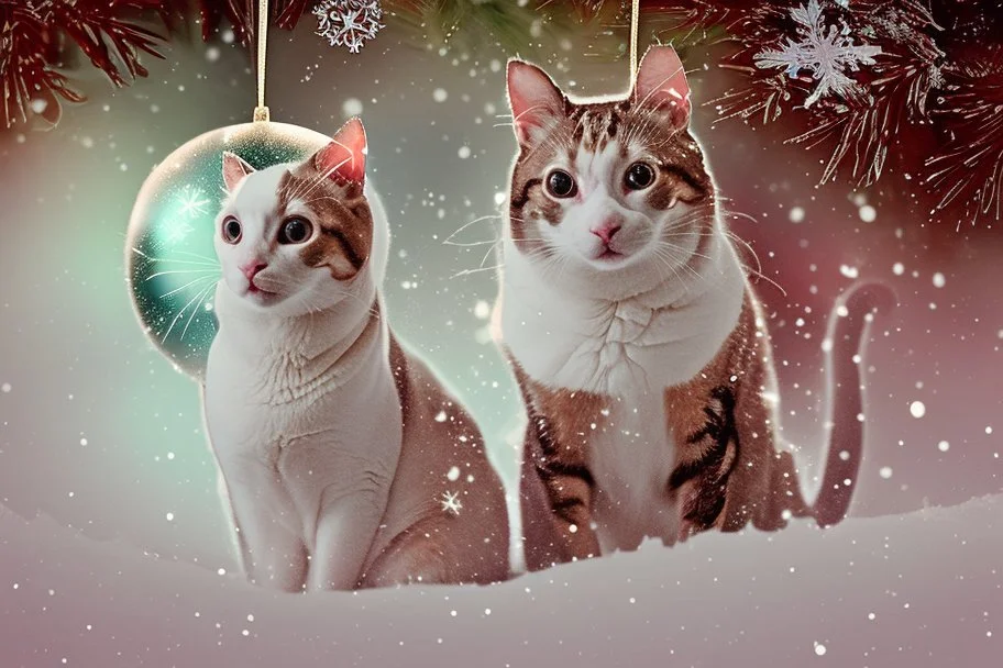 Double exposure, merged layers, Christmas fantasy, cat Christmas ornaments, gifts, double exposure, snowfall, heart, snowflakes, icy snowflakes, burlap, gems and sparkling glitter, sunshine