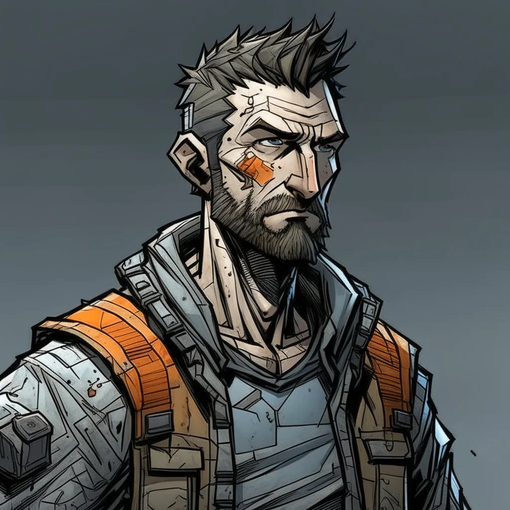 man,, looking serious, comic book, post-apocalypse, grey background