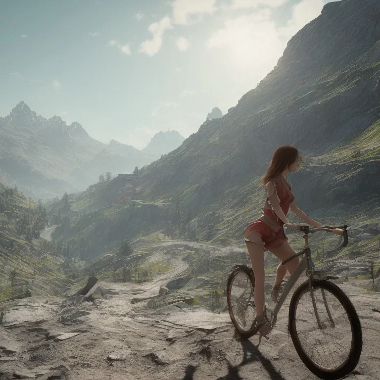 beautiful girl riding bike in the Alpine mountains