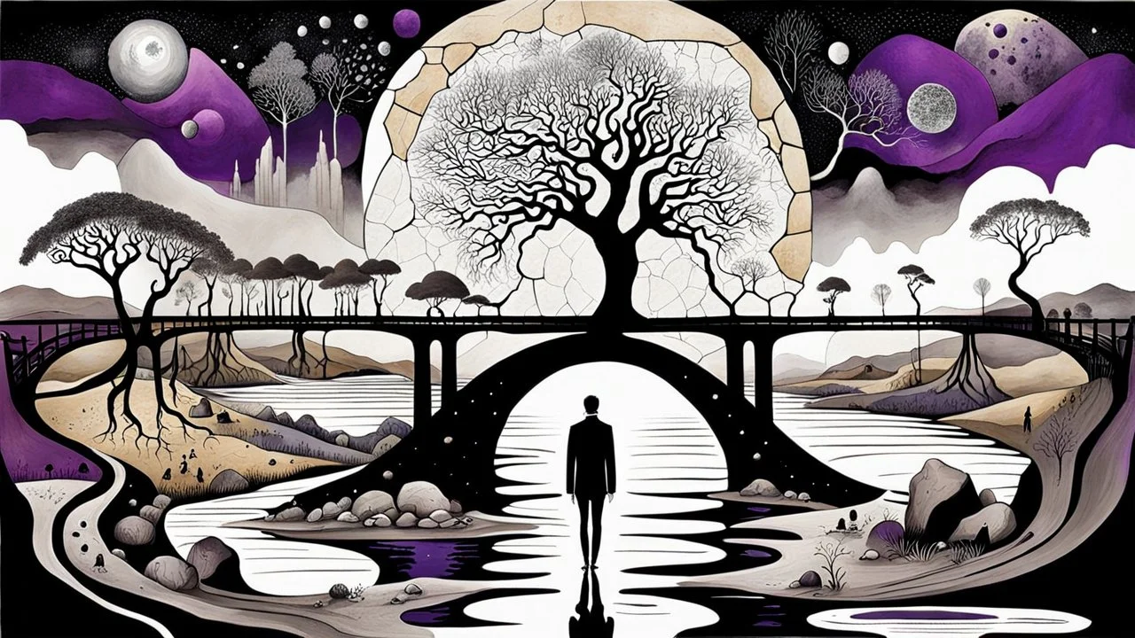 inner world with uncontrolled mind and soul, in midle a big alone human figure stands with a big map on thin bridge, weird whimsical landscape, forest, and Sahara water and rocks,, around surreal cracked painted weird land with some black doors. dark purple, gray, black, white, brown. Whimsical style of Chagall , of Minjae Lee and René Magritte, lonely face with absurd beauty. broken, weird bizarre absurd nightmare, labirynth, dark vision, neuron network background, surreal vibe