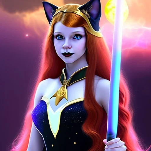 Attractive teenage girl with golden red hair, who is dressed like a witch casting a spell with a quarterstaff on the moon, she has cat ears and open dazzling blue eyes, has a normal nose, background is realistic space, the girl is on a planet, black goth girl dress, full body portrait, arm colors gradient effect into stars, rendered, unity 3d, unreal engine, dslr, hdr, 4k, edited, photorealistic, normal number of appendages, freckles, artists rendered