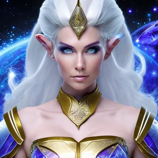 cosmic mage, elf, female, battle mage, epic, cosmic magic, long ears, white hair, face details, pale skin, jewellery, broad shoulders, sharp ears, cosmic clothes, cosmic eyes, ears shown, light out of eyes, the cosmos in eyes, stars in eyes, shining eyes, non human face, thin face, animation, detailed ears, magical eyes, non realistic