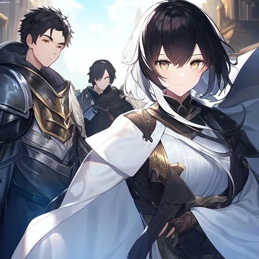 Girl with white hair wearing white robes. Boy with black hair wearing leather armor