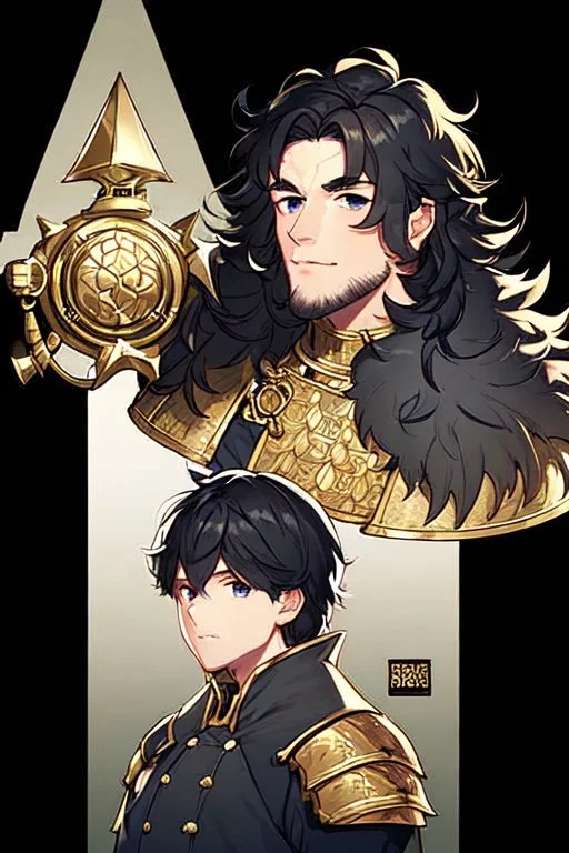 A handsome 30 year old knight, black hair, dark blue eyes, shaggy haircut, in black-and-gold plate armor, no beard, european, portrait