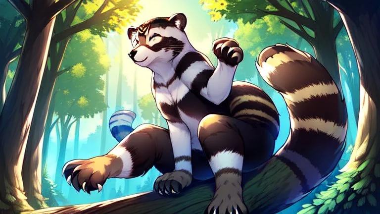 Girl, raccoon tail, raccoon ears, sit on tree, night time, forest, raccoon paws in foot, raccoon hand, raccoon legs.