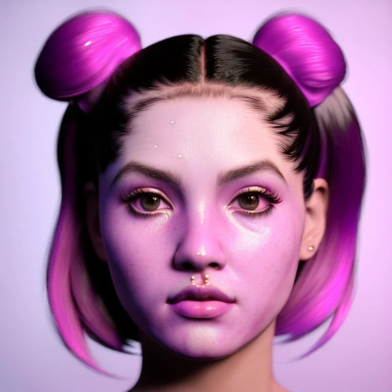 perfect symmetry,Rosalía artist, porcelain material skin face, pink eyeliner, pigtails hair, gold, pink, geisha, led lights, fog, rain, latex, vibrant color, highly detailed, art stations, concept art, smooth, unreal engine 5, god rays, ray tracing, RTX, lumen lighting, ultra detail, volumetric lighting, 3d, finely drawn, high definition, high resolution.