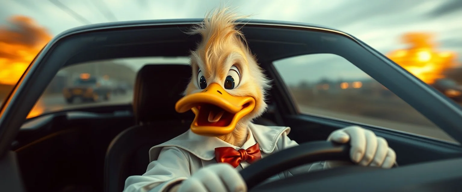 Donald master mafia boss fikk noe av stoffet til å detonere ved ett uhell. Når Donalditt brukes som drivstoff, utløser det vanvittige krefter. In the style of Rembrandt and Fallout 4, Donald in a fast car. Background blur. Movie poster. Wild look.Mad mad and furiosa as ducks.