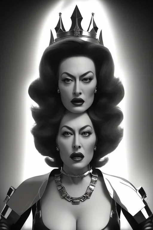 Joan Crawford as evil queen in black leather, busty, cleavage, dominatrix, curvy, angry, stern look. unreal 5, octane render, cinema4d, dynamic lighting, dramatic lighting, 4k, redshift render, highly detailed, hyper realistic,anthropomorphic