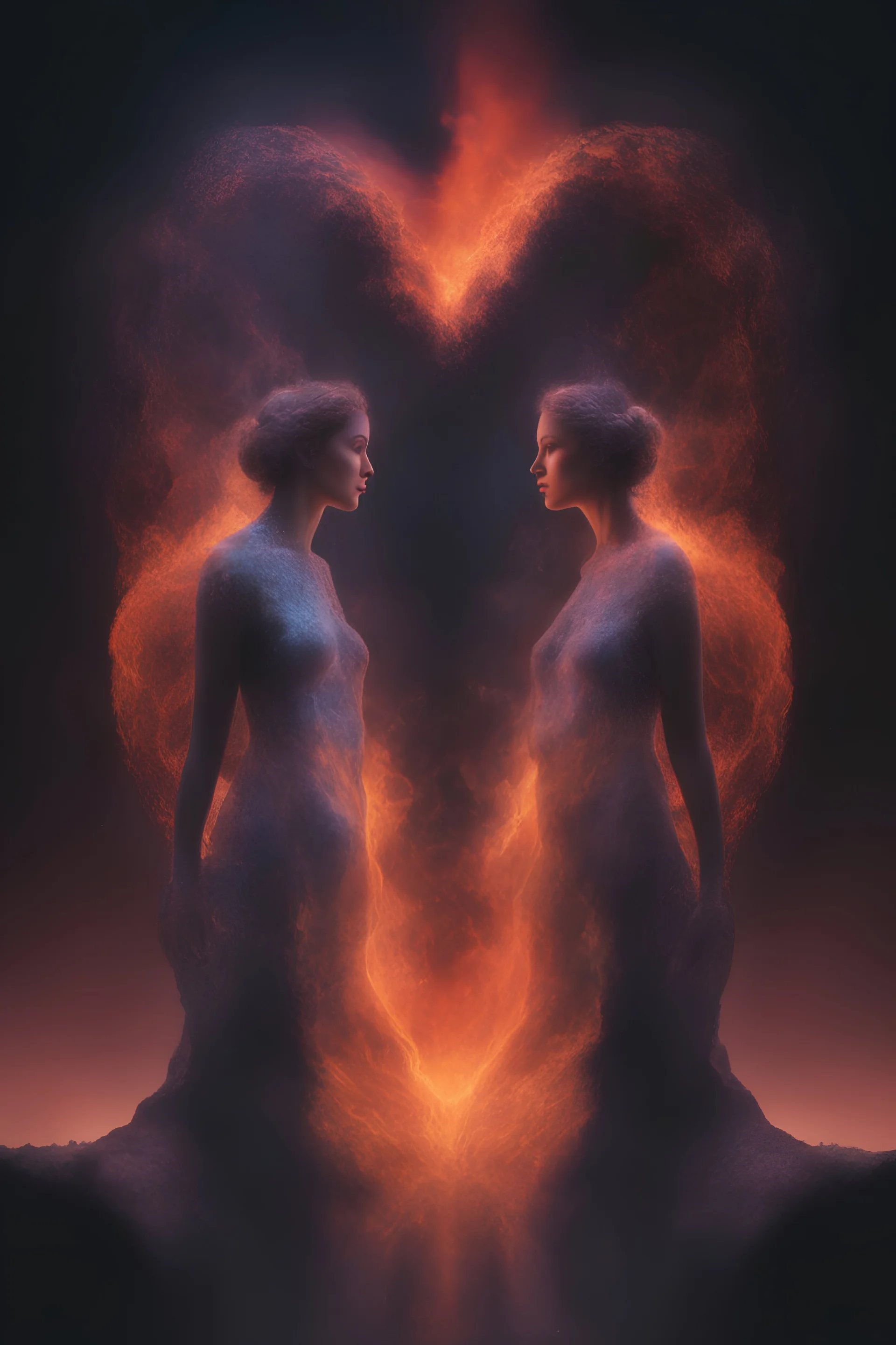 heart-shaped, close-up, Head and shoulders portrait of Adam and Eve, double exposure shadow of the ghost, Invisible, extremely colorful, multicolored lightning, outer space, planets, stars, galaxies, fire, explosions, smoke, volcanic lava, craggy mountain peaks in the background, 32k UHD, 1080p, 1200ppi, 2000dpi, digital photograph