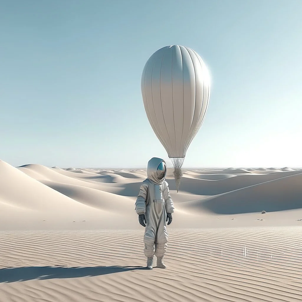 A photo of a balloon shaped as a futuristic girl from Dune's film, inside a light white digital desert landscape.