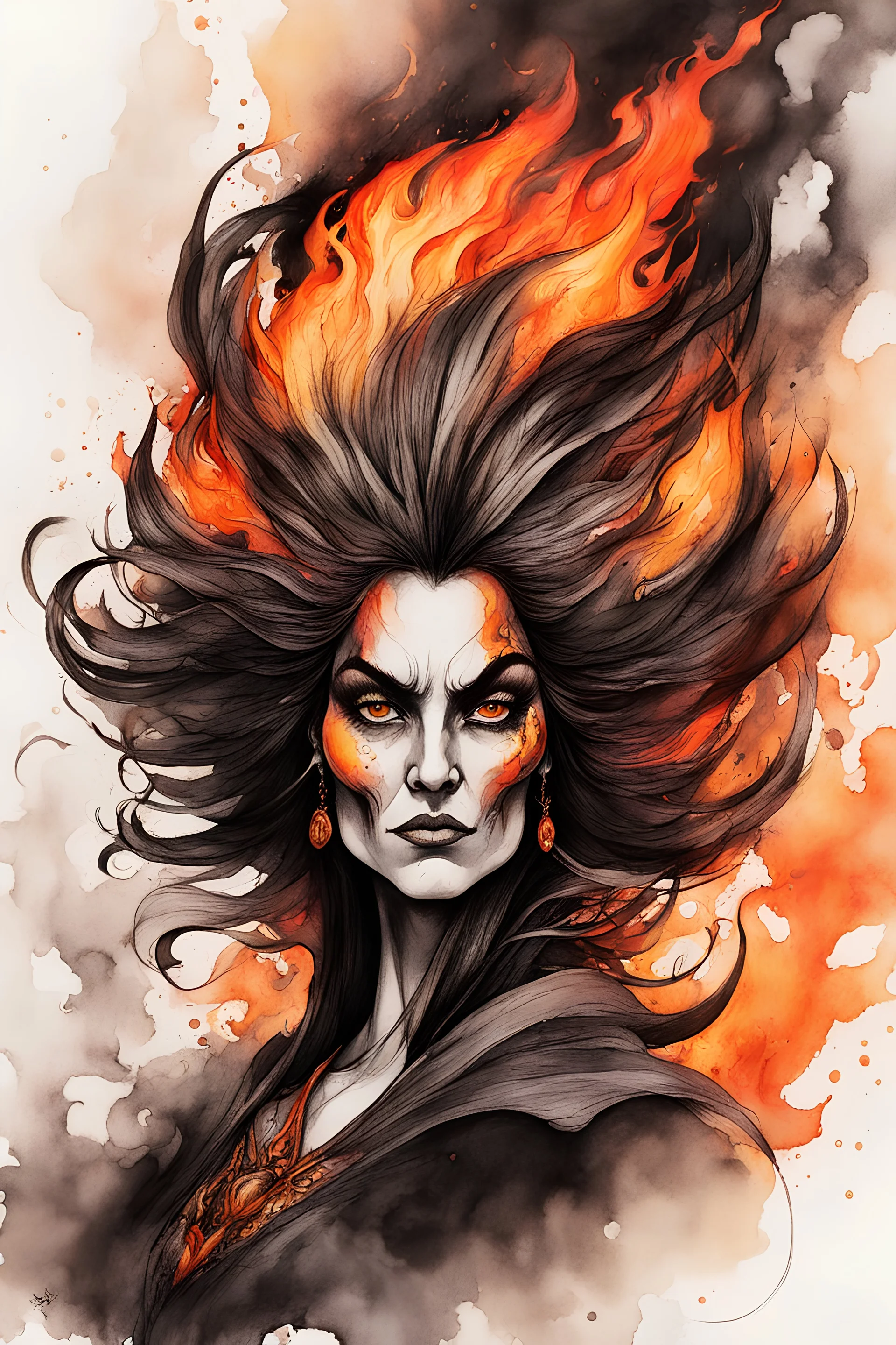 create an abstract ink wash and watercolor caricature portrait of a beautiful, malevolent, ornately dressed , 14th century sorceress engulfed in fire ,highly detailed with refined hair and facial features in the cartoon caricature style of Gerald Scarfe and Ralph Steadman precisely drawn, boldly inked, boldly colored, 4k