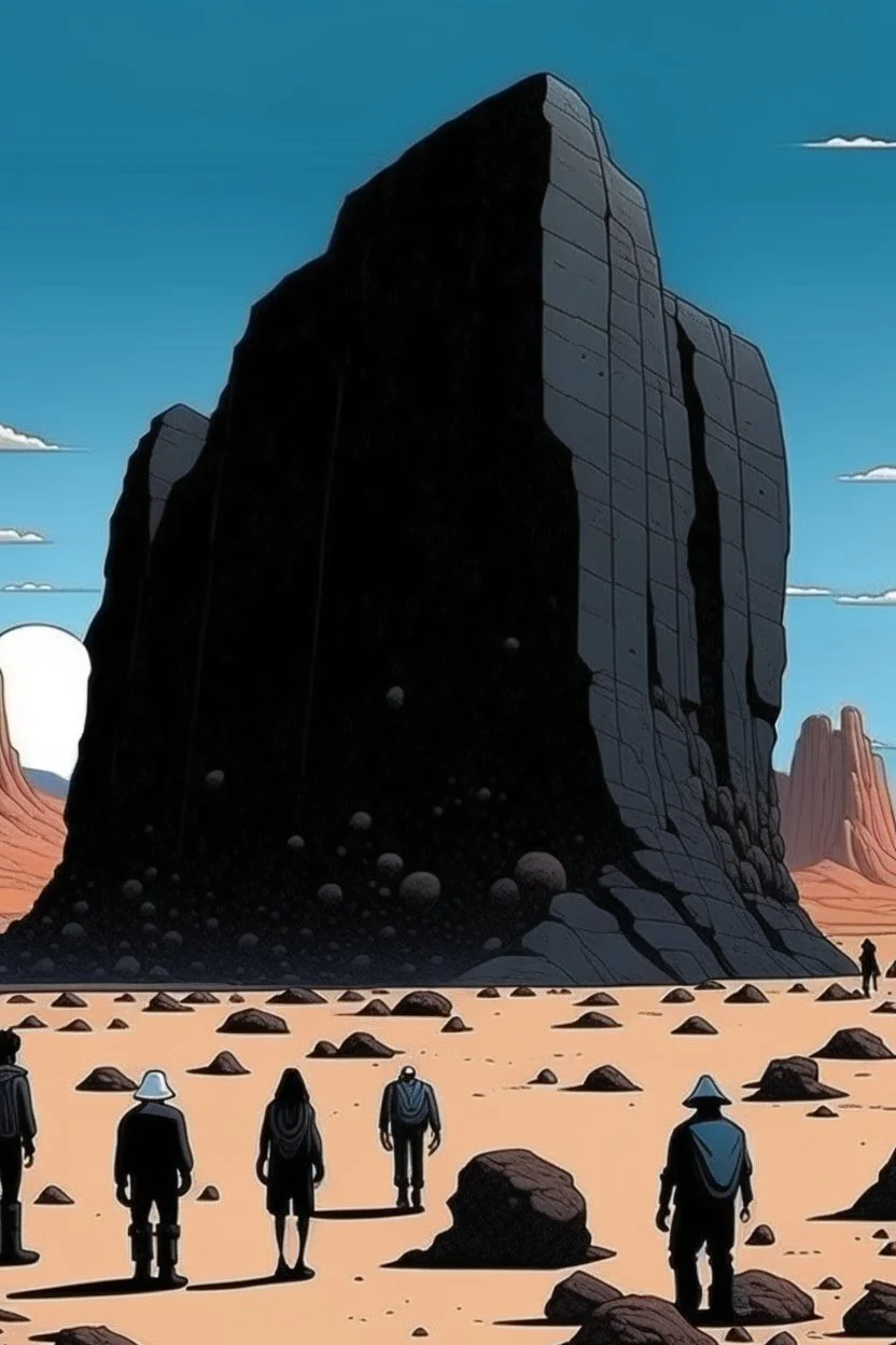 giant black rock in the desert with small people around n the style of Hiroshi Nagai