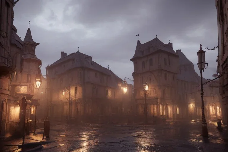 Small medieval fantasy town, stormy, street lights