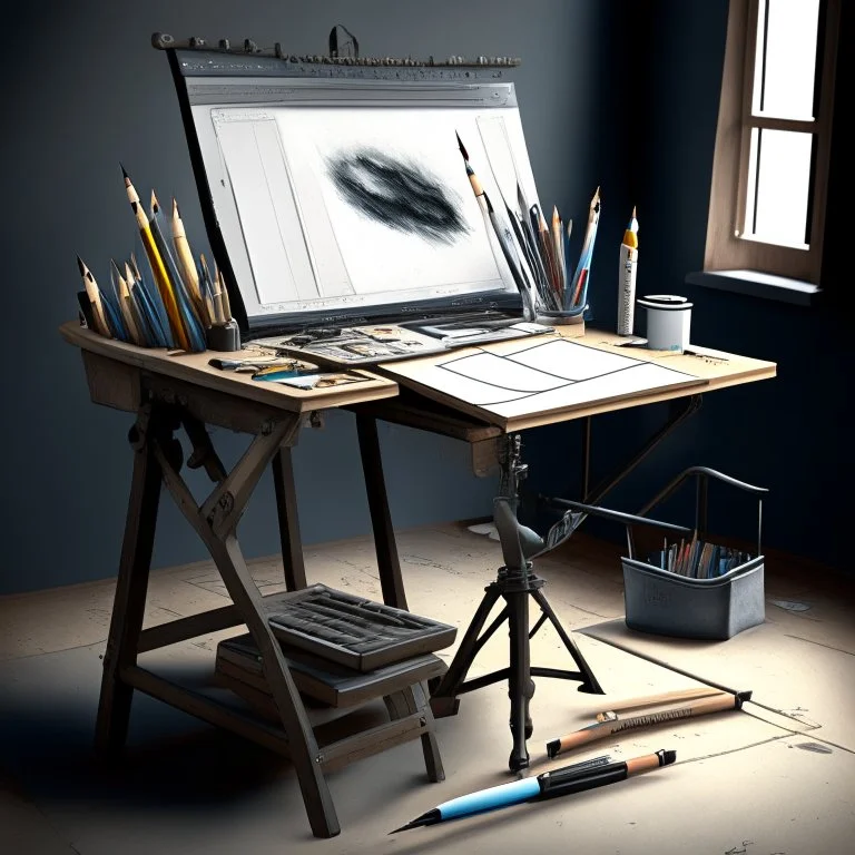 Drawing desk in a realistic art studio. Photo realistic