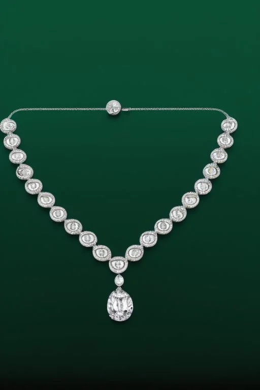 nice diamond and white gold necklace on manquin stand in luxury environment