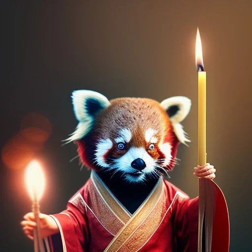 a cute litte red panda wearing Hanfu, holding a large candle, BK complex detail, cinema, reality, detail, octane rendering, stoic cinematic 4k epic detailed photograph shot on kodak detailed bokeh cinematic hbo dark moody 8k, 85mm f/16 by leica