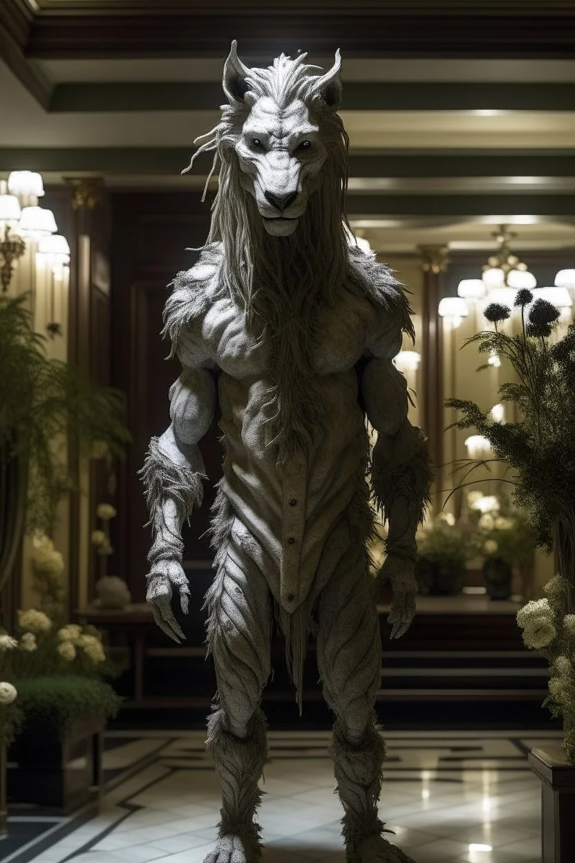 a werewolf humanoid unicorn equisapien lycanthrope male standing in a liminal garden hotel lobby