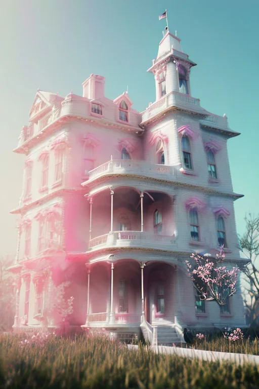 Victorian white house with pink flowers, in the style of Camilla d'Errico, hyper detailed, beautiful, complex, trending on artstation, cinema4d, cryengine, national geographic photo, chiaroscuro