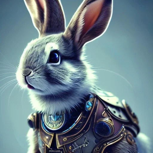 steampunk rabbit, extremely detailed, UHD, 8k,The close-up camera effect,sharp focus,perfect, background forest,position,hyperphotorealistic