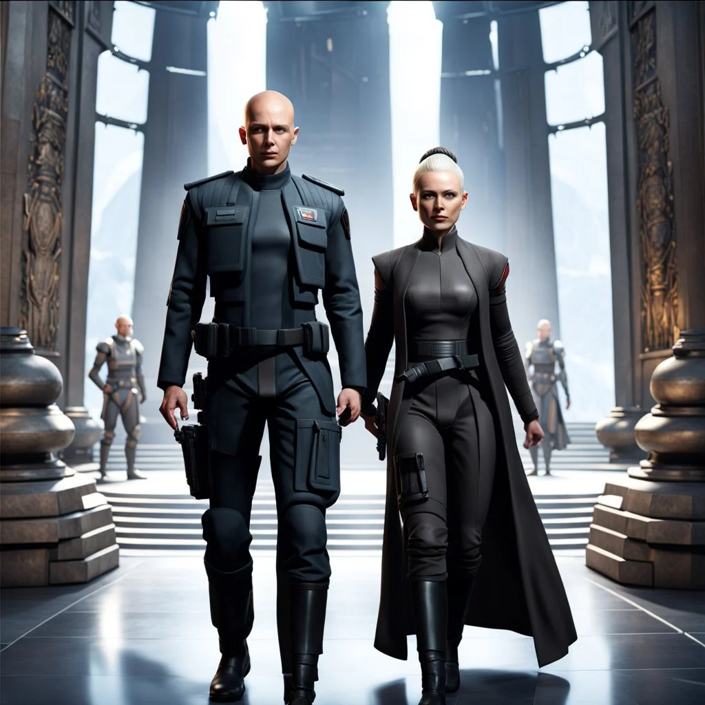 a bold and heroic bald male Corellian pilot in black and grey First Order special forces gear meets a female Jedi Master in ancient, mystical temple, hyperdetailed, dynamic lighting, hyperdetailed background, 8k resolution, volumetric lighting, light skin, fully symmetric details