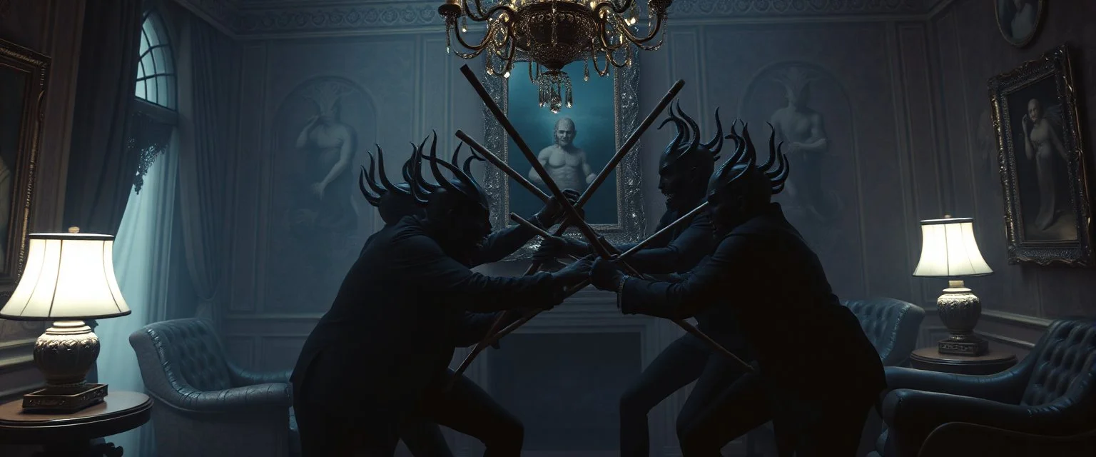 Lotsa goths pushing each other with sticks in dramatic scene in luxury parlour in the style of Giger and Escher