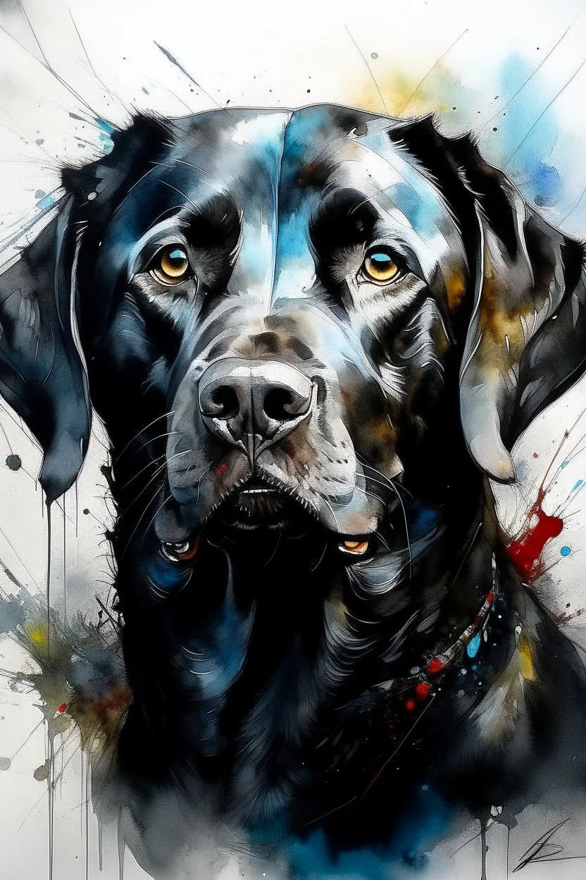 A portrait of black Labrador by Willem Haenraets, watercolor, wet on wet and splattering techniques, centered, perfect composition, abstraction, surrealism