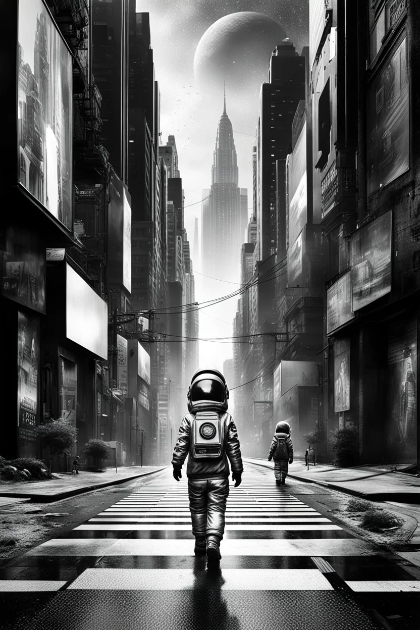 picture from a black and white grayscale cityscape. In the middle a color step transition 3d figure of a little girl walking in irridescent space suit on the street, contrast between her and the black and white scape space, enhancing the contrast between her and city , ultra quality, high digital illustration, cinematic, masterpiece, dystopian atmosphere, stunning