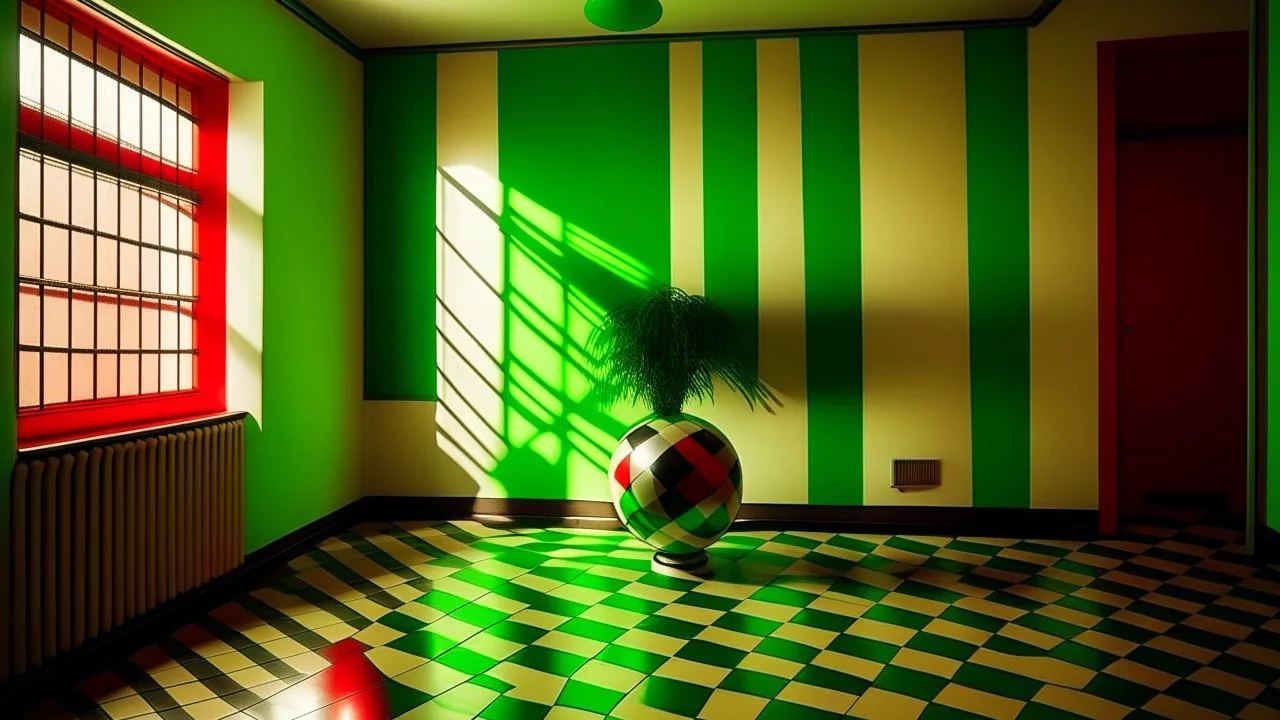 A corner of a room with a checkered floor, green and white walls, and a ceiling with a light source, featuring a red and white striped hollow ring, a reflective sphere with a checkerboard pattern, and a black object on the floor, with a wooden table and a potted plant in the background