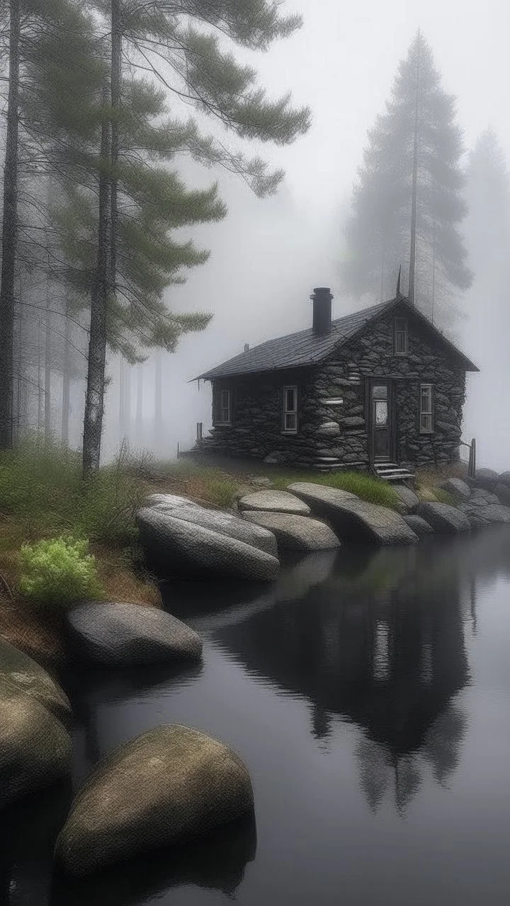 A cottage by the foggy lake black vein, human veins, mixing together a lot of them, like a forest, big and small veins a lot of them