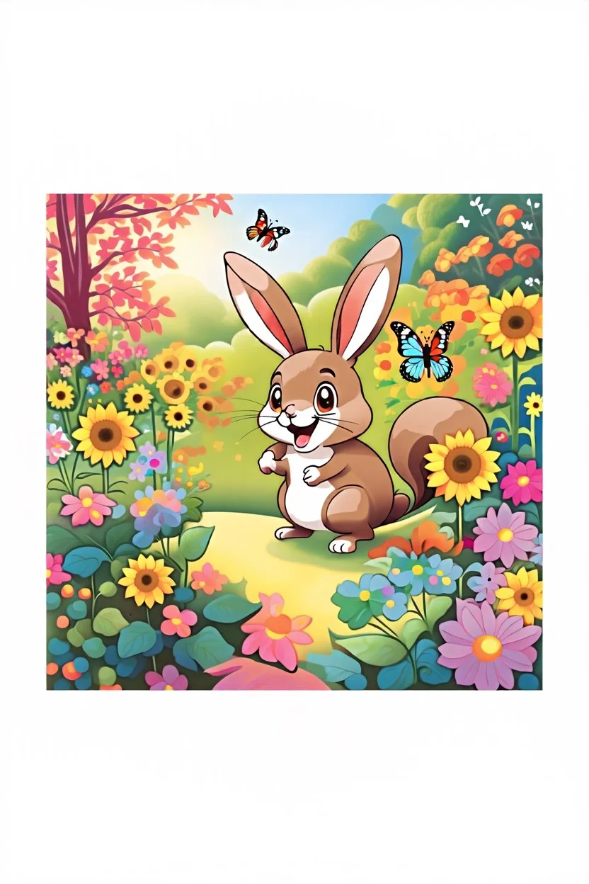 The cute bunny excitedly looks at a bright yellow sunflower in the colorful garden, the beautiful butterfly and friendly brown squirrel are in the picture, child book illustration style, faces must be the same as reference image