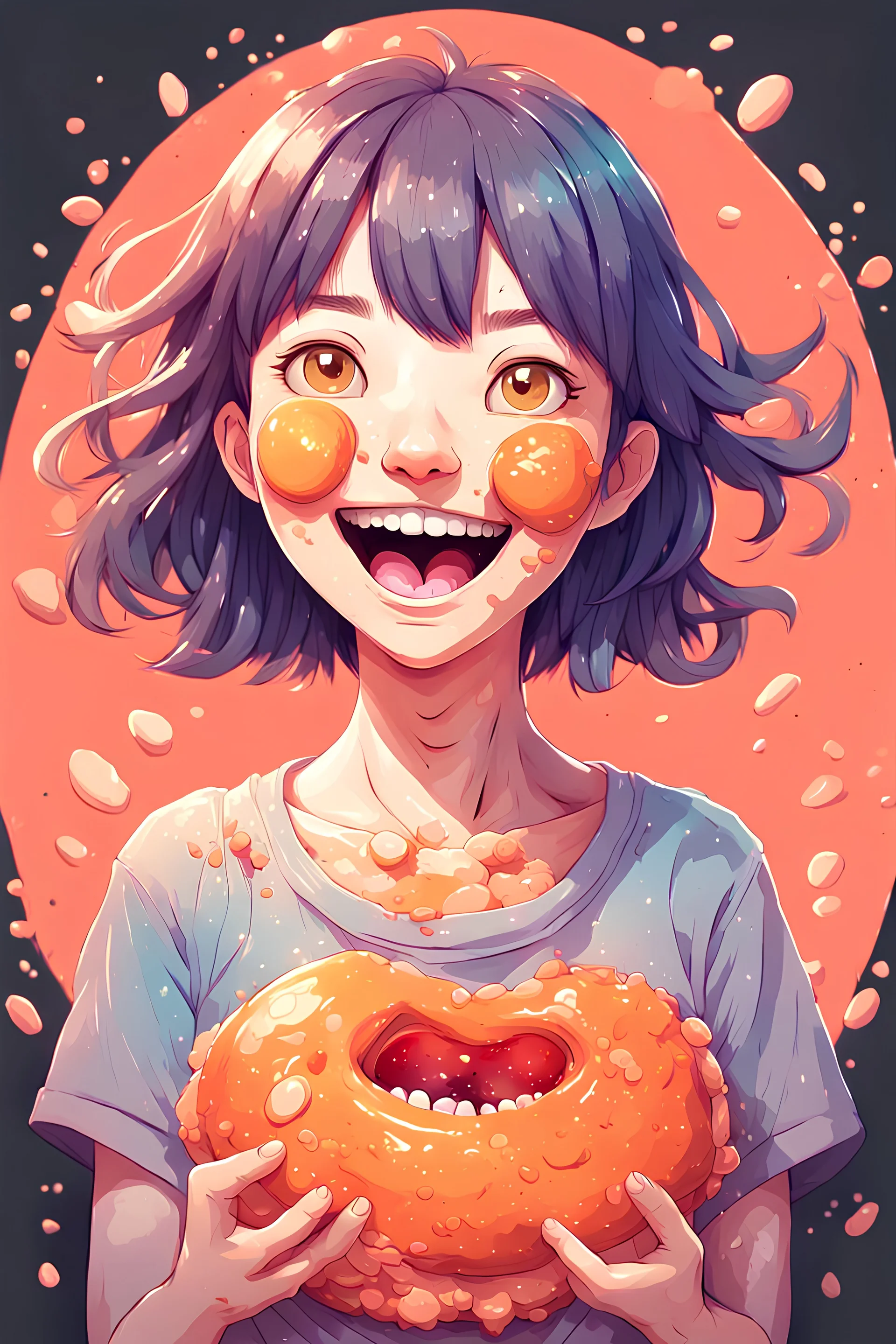 A detailed illustration Anime girl smiling crushed inside really darkorange fleshy stomach filled with digestive juices, t-shirt design, in the style of Studio Ghibli, pastel tetradic colors, 3D vector art, cute and quirky, fantasy art, watercolor effect, bokeh, Adobe Illustrator, hand-drawn, digital painting, low-poly, soft lighting, bird's-eye view, isometric style, retro aesthetic, focused on the character, 4K resolution, photorealistic rendering, using Cinema 4D, vector logo, vector art,