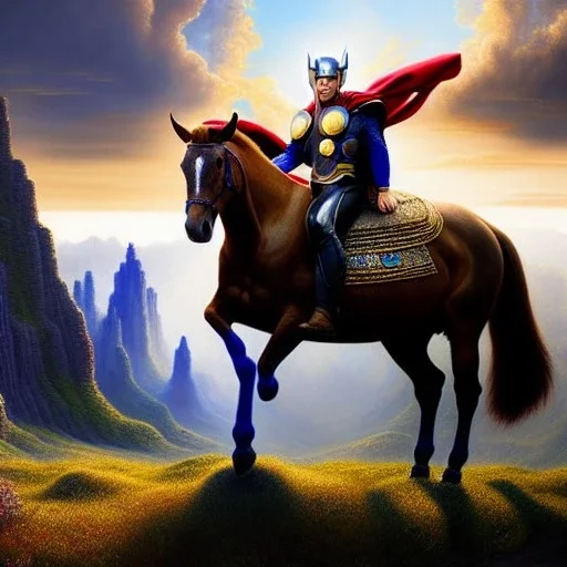 Ultra detailed fullbody Portrait in oil on canvas of Thor with asgardian armor riding a Horse,extremely detailed digital painting, extremely detailed face,crystal clear eyes, mystical colors ,perfectly centered image, perfect composition, rim light, beautiful lighting,masterpiece,8k, stunning scene, raytracing, anatomically correct, in the style of Steve Jung and robert e howard and Wizyakuza and Ohrai Noriyoshi and Simon Bisley and uncannyknack.