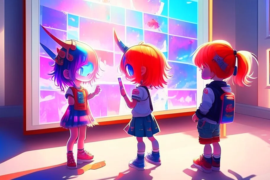 cute chibi holographic girl and boy looking at a picture about a red bull happily at an exhibition room in sunshine