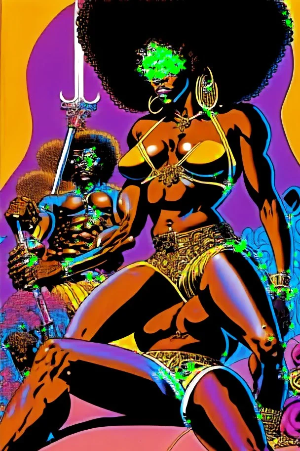 70s graphic illustration, highly detailed, style of Black light poster design in the style of George Goode, of a retro futuristic scene of a “a black man warrior with an afro, lean build, muscular definition, yielding a large sword, while a beautiful black woman with an afro wearing nothing but a bikini, sits next to him but on the ground, the background bursts with fluorescent pink flame, trippy, aura, neon fluorescent glow, psychedelic, shimmering, fluorescent colors, mystique,