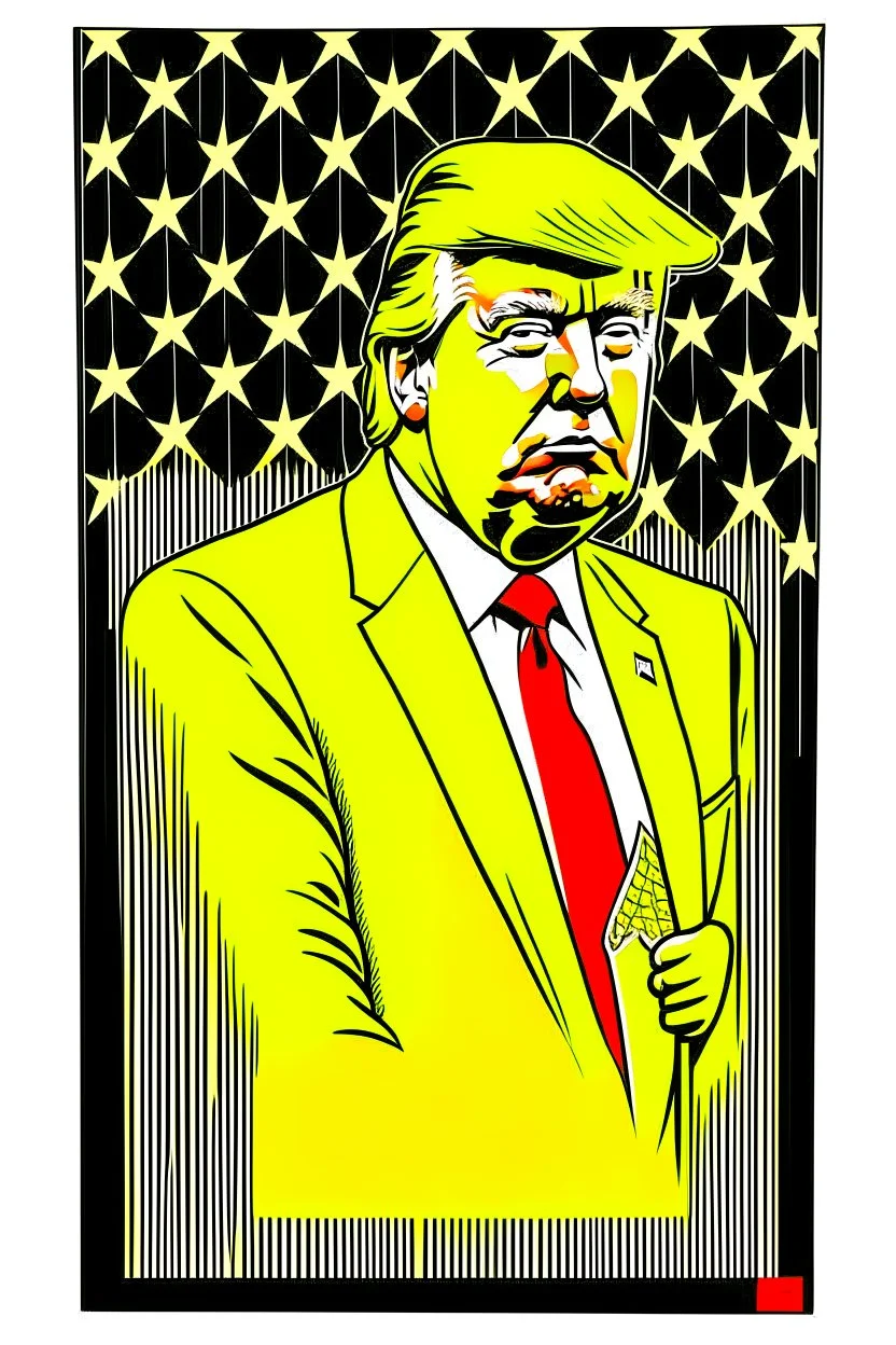 president donald trump in style of shepard fairy obama poster style gold colour stencil with american flag