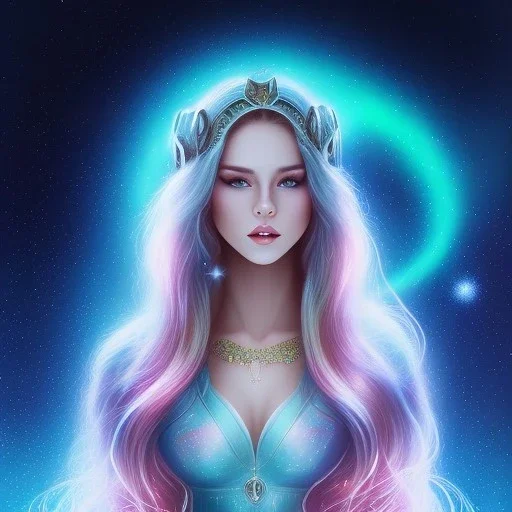 beautiful woman with long hair and smile look the stars and northern aurora blue turquoise lights, blue, pink,