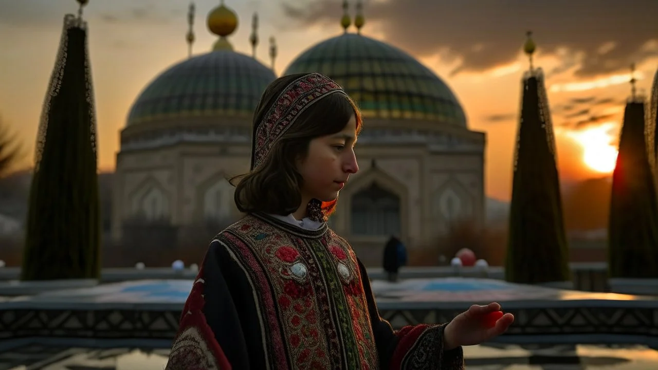 A Palestinian girl have wings wearing an embroidered dress with the Dome of the Rock in front of her during sunset in winter.