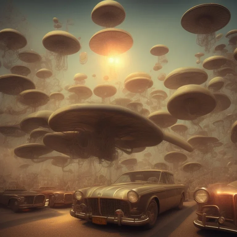 steam punk traffic jam in New york 3D blender full lenght with big flying mushrooms in the sky