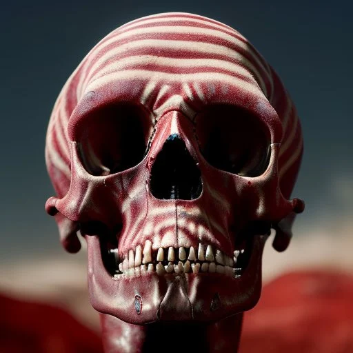 a picture of a dark, comedic, anatomically correct wall of red white and blue tightly packed stacked skulls of varying sizes and expressions, photo realistic, insanely meticulous, highly detailed, part of a collection of bones on display, 64k, dystopian, vray, anatomically correct