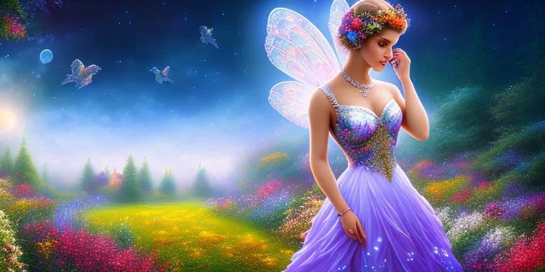 bright fairy, beautiful portrait, flowery landscape